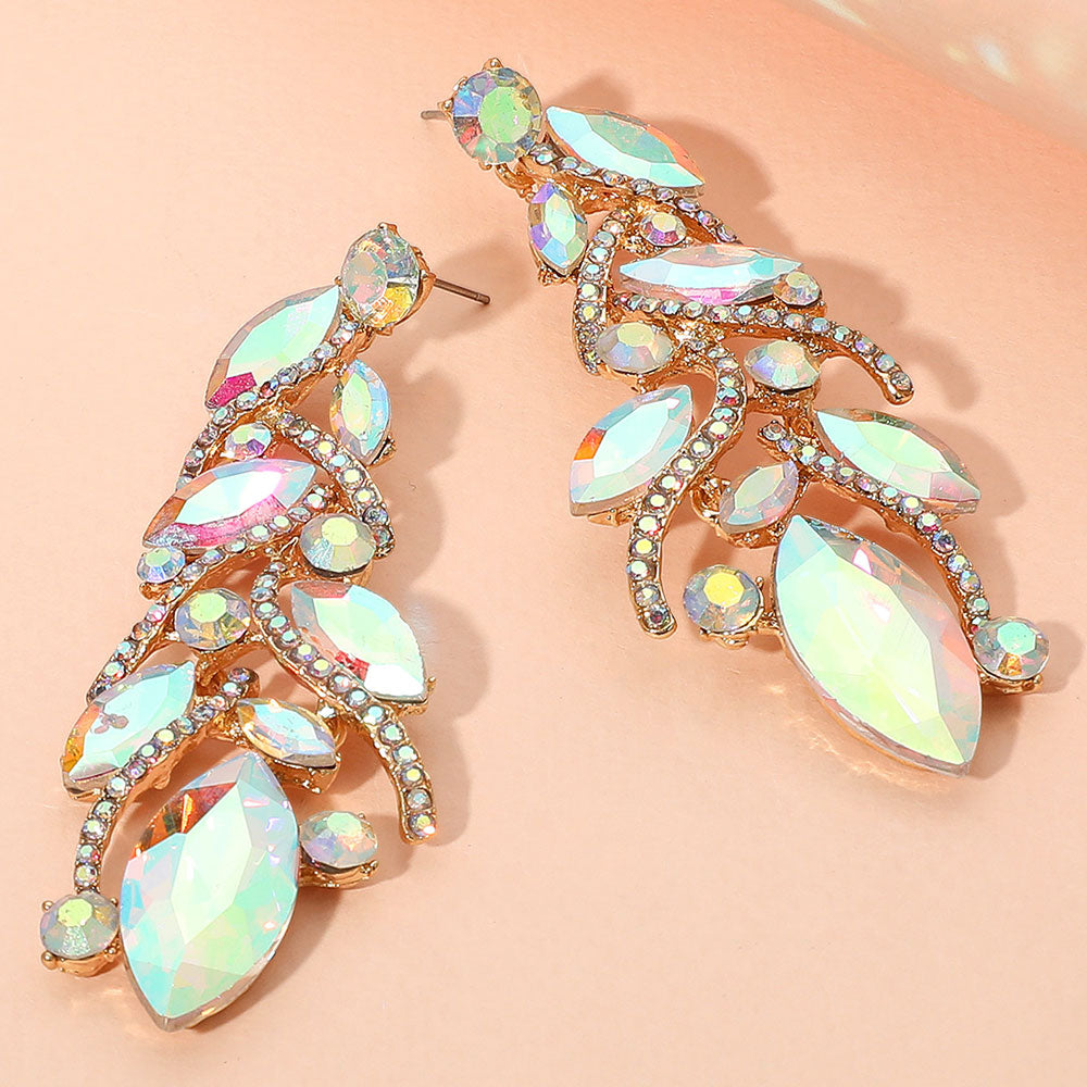 Long AB Marquise Stone and Rhinestone Embellished Pageant Earrings on Gold | Evening Earrings