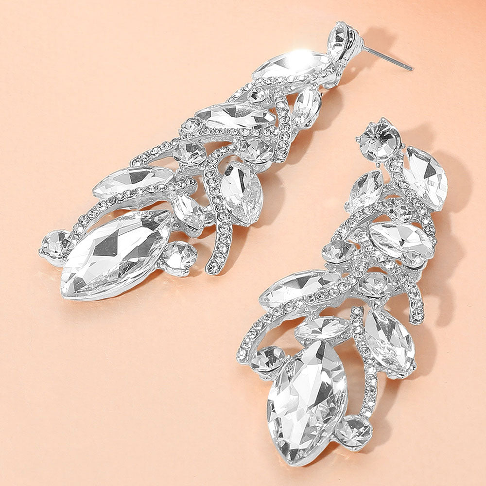 Long Clear Marquise Stone and Rhinestone Embellished Pageant Earrings  | Evening Earrings
