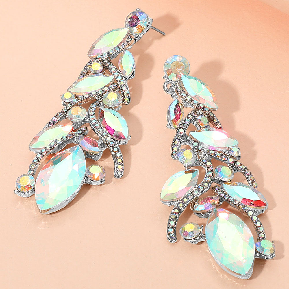 Long AB Marquise Stone and Rhinestone Embellished Pageant Earrings  | Evening Earrings