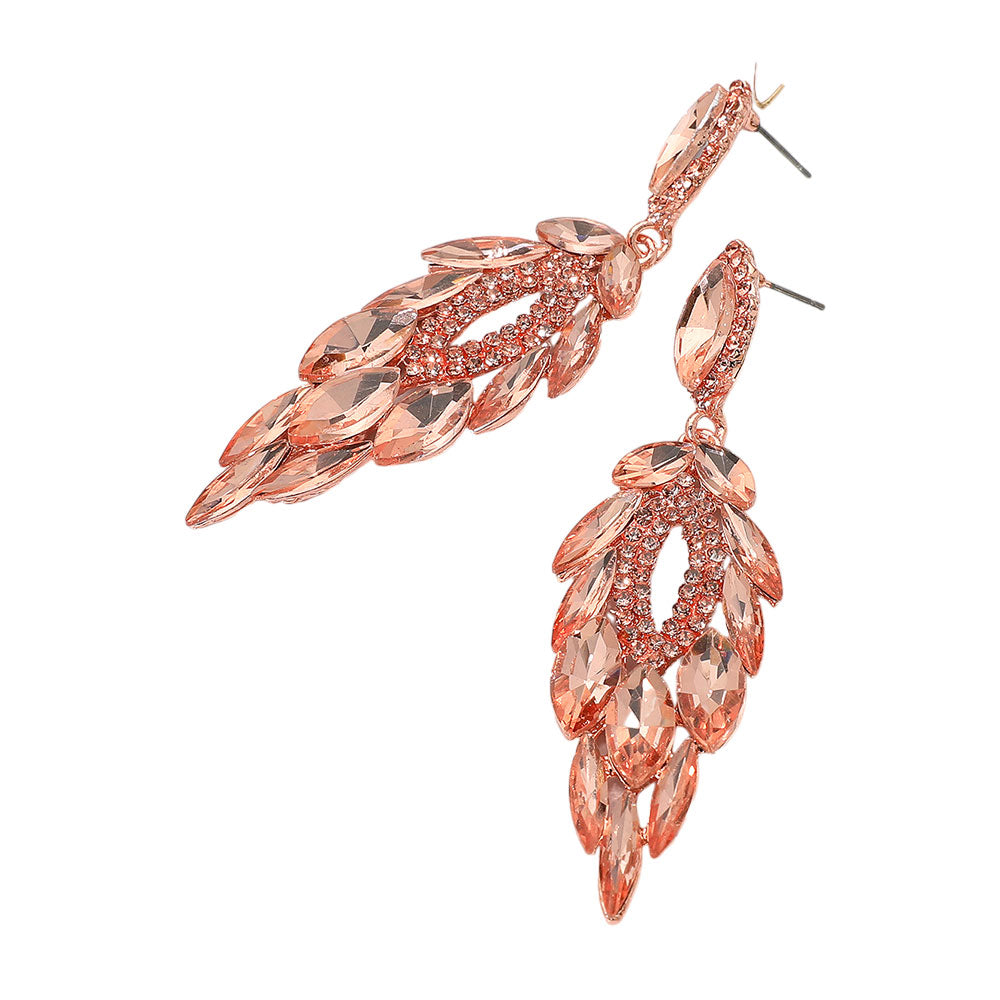 Elegant Peach Marquise Stone and Rhinestone Trimmed Dangle Pageant Earrings on Rose Gold | Chandelier Earrings