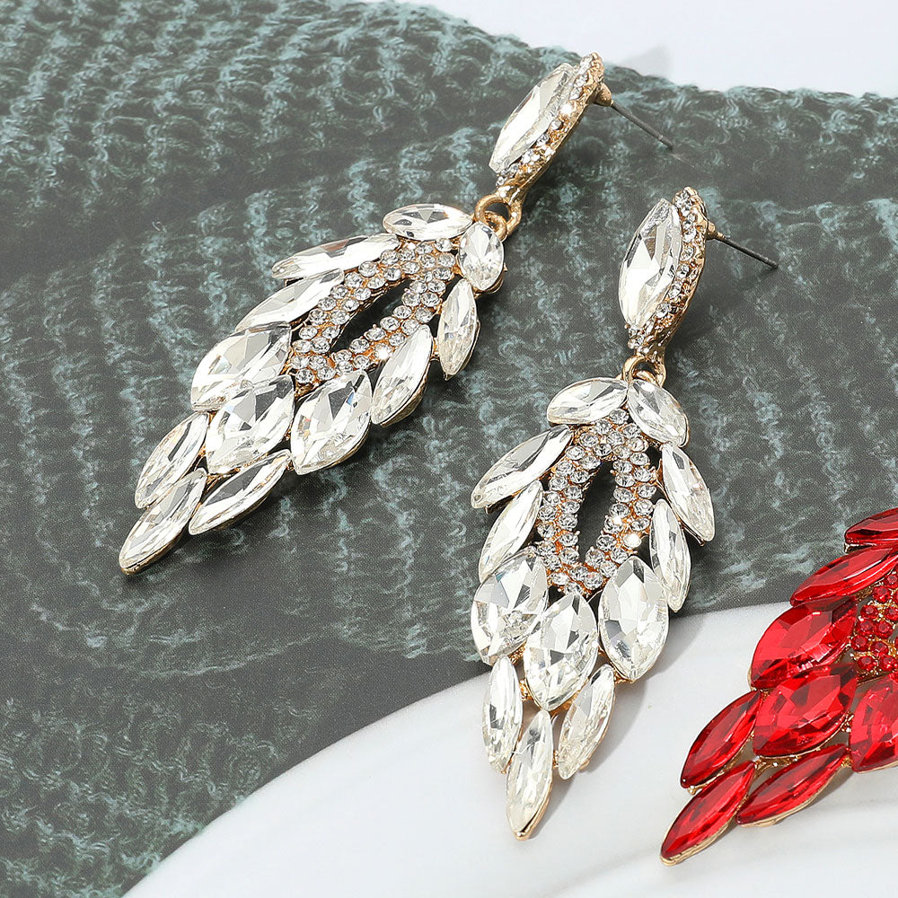 Elegant Clear Marquise Stone and Rhinestone Trimmed Dangle Pageant Earrings on Gold | Chandelier Earrings