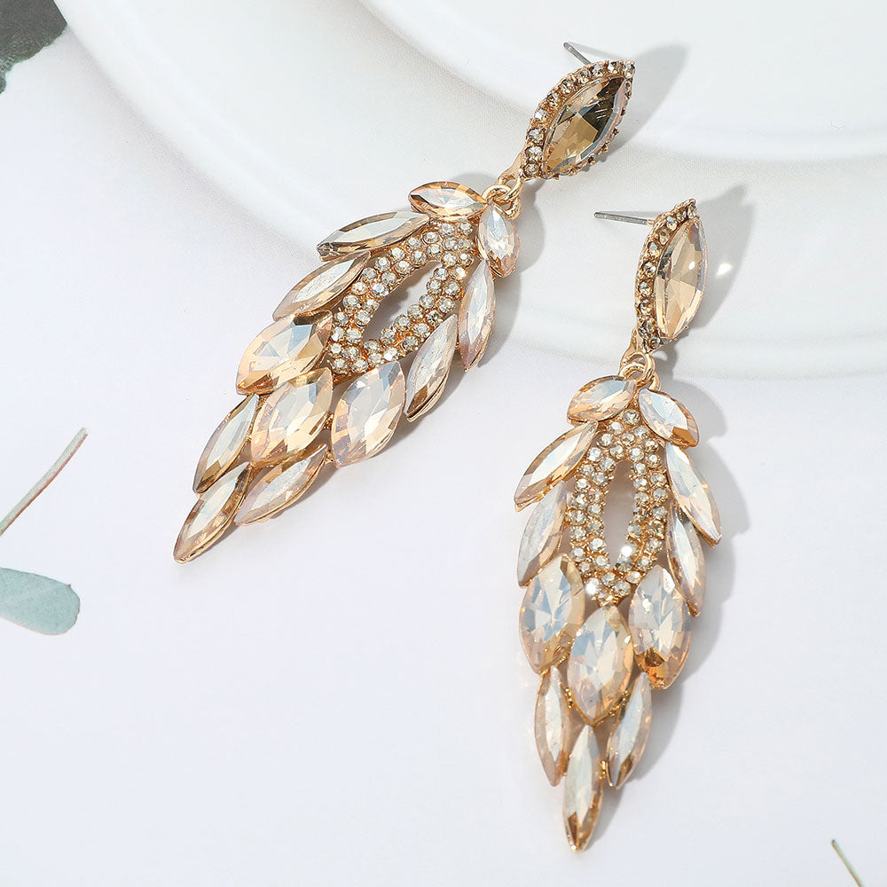 Elegant Light Topaz Marquise Stone and Rhinestone Trimmed Dangle Pageant Earrings | Chandelier Earrings