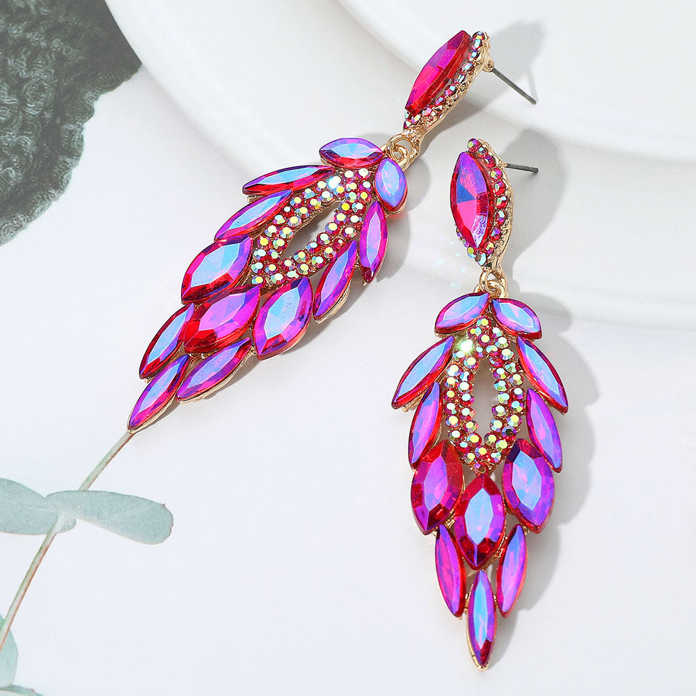 Elegant Purple AB Marquise Stone and Rhinestone Trimmed Dangle Pageant Earrings | Chandelier Earrings