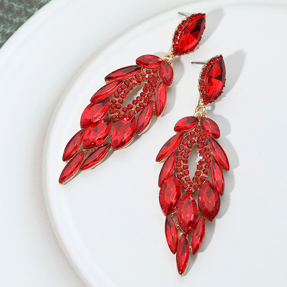 Elegant Red Marquise Stone and Rhinestone Trimmed Dangle Pageant Earrings | Chandelier Earrings