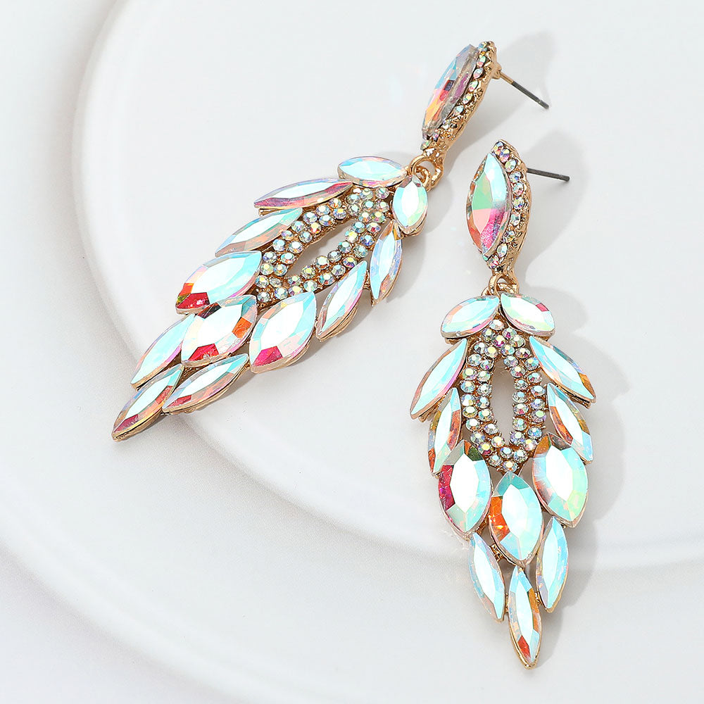 Elegant AB Marquise Stone and Rhinestone Trimmed Dangle Pageant Earrings on Gold | Chandelier Earrings