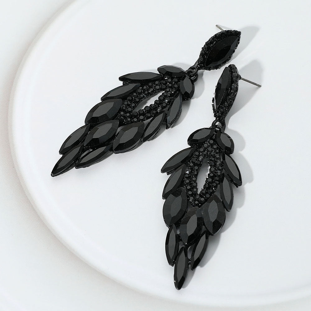 Elegant Black Marquise Stone and Rhinestone Trimmed Dangle Pageant Earrings  | Chandelier Earrings