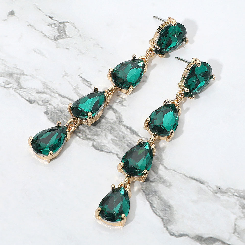 Emerald Multi Teardrop Dangle Pageant Earrings | Headshot Earrings