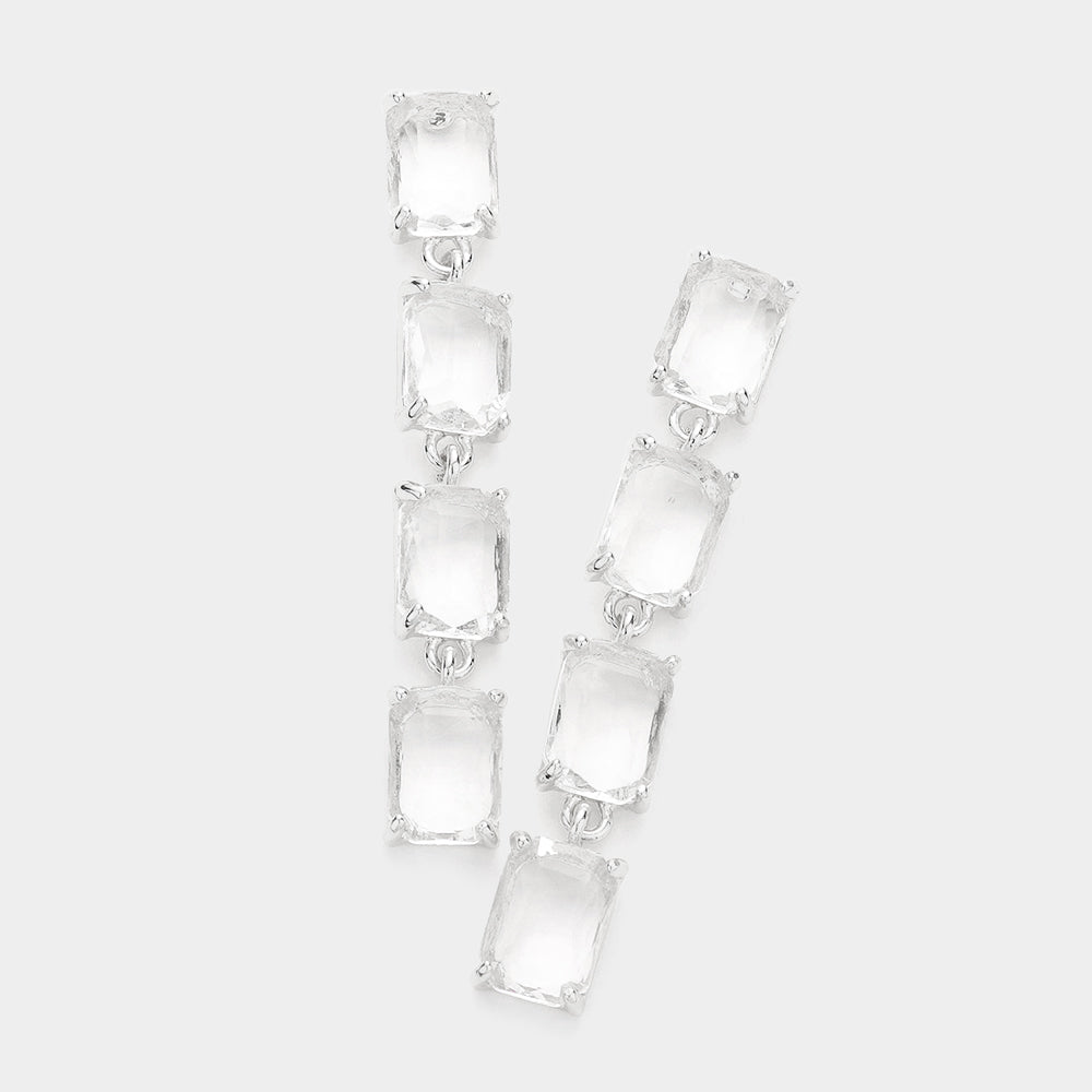 Clear Emerald Cut Stone Link Dangle Pageant Earrings  | Prom Earrings