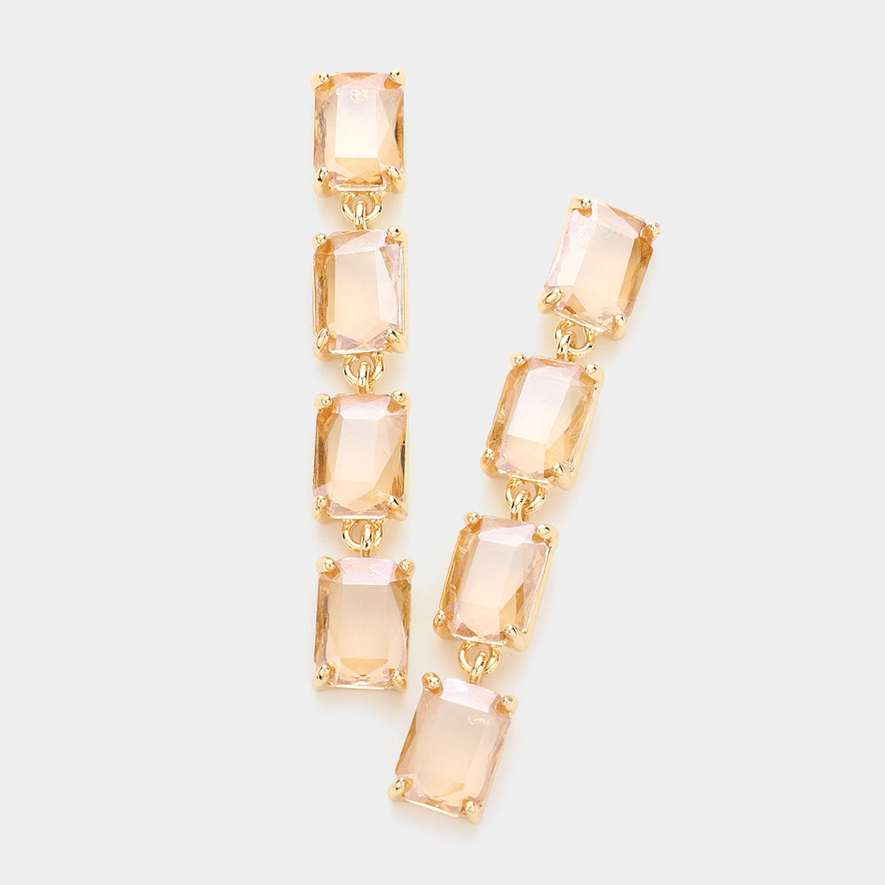 Light Topaz-AB Emerald Cut Stone Link Dangle Pageant Earrings  | Prom Earrings