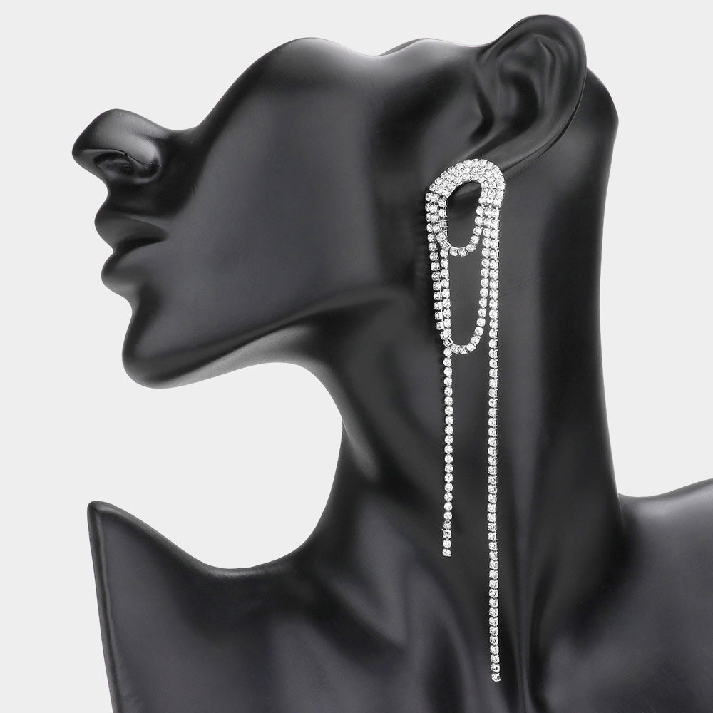 Draped Rhinestone Dangle Fringe Pageant Earrings on Silver | Prom Earrings