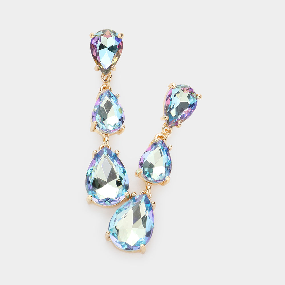 Aqua AB Triple Teardrop Dropdown Pageant Link Earrings | Aqua AB Dangle Earrings