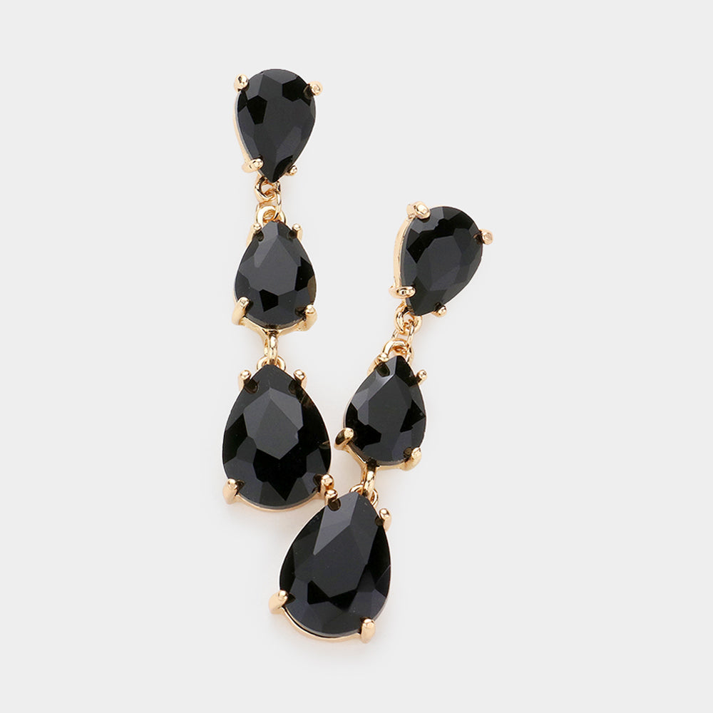 Black Triple Teardrop Dropdown Pageant Link Earrings | Black Dangle Earrings