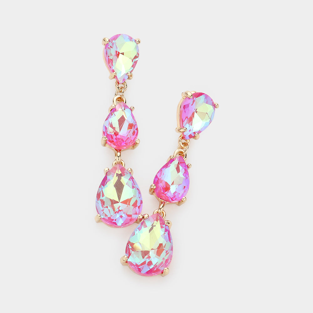 AB Coral Triple Teardrop Dropdown Pageant Link Earrings | AB Coral Dangle Earrings
