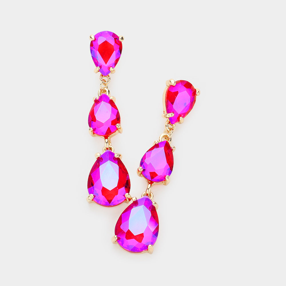 Fuchsia AB Triple Teardrop Dropdown Pageant Link Earrings | Pink AB Dangle Earrings |  610133