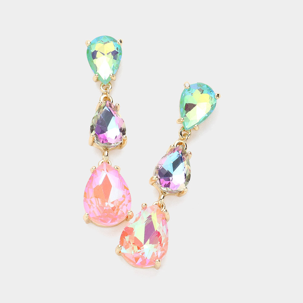 AB Multi-Color Triple Teardrop Dropdown Pageant Link Earrings | AB Multi-Color Dangle Earrings