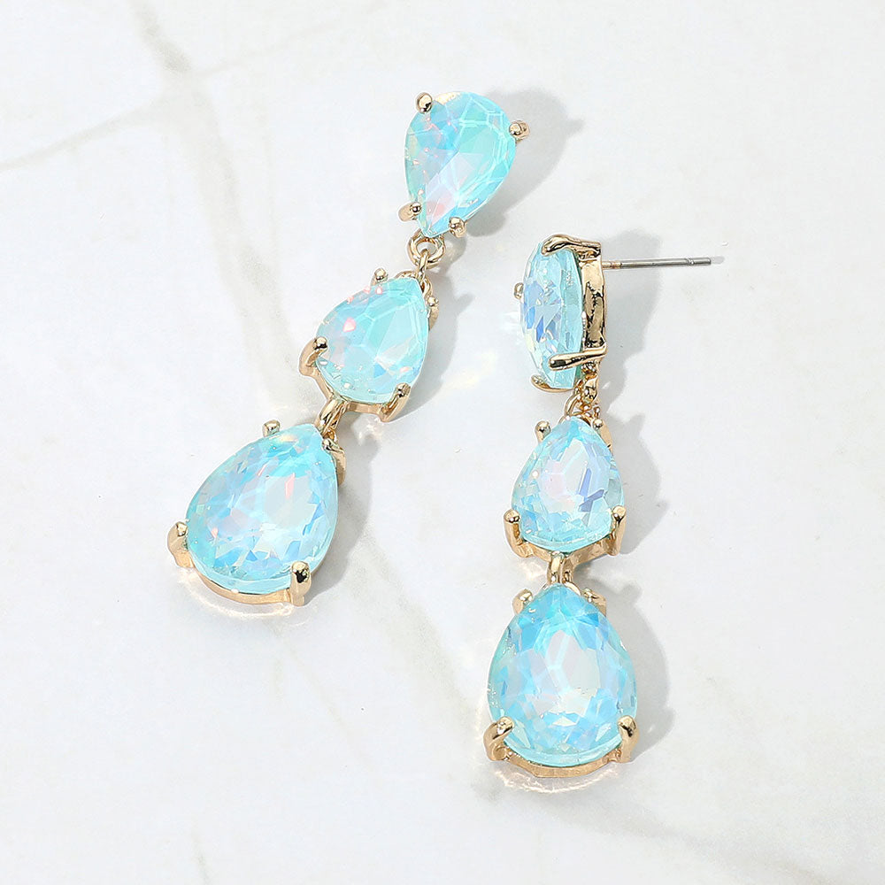 Aqua Opal Triple Teardrop Dropdown Pageant Link Earrings | Aqua Opal Dangle Earrings