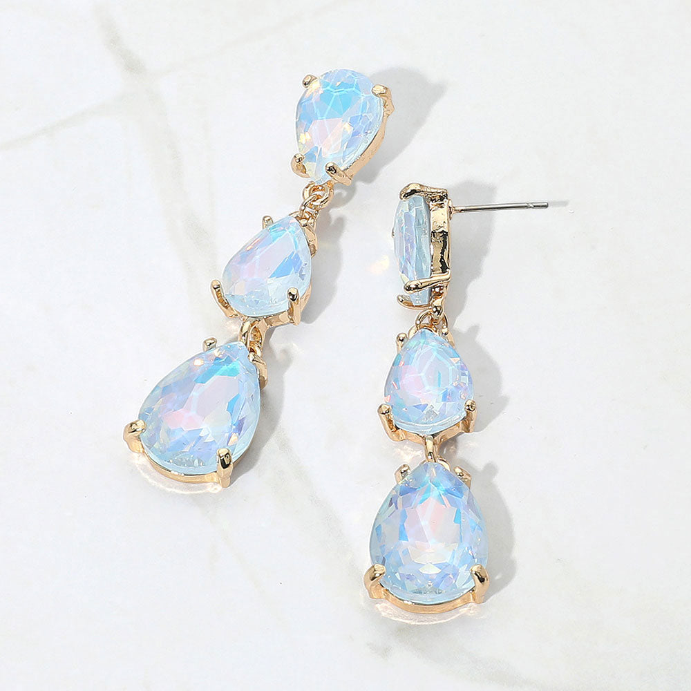 Blue Opal Triple Teardrop Dropdown Pageant Link Earrings | Blue Opal Dangle Earrings
