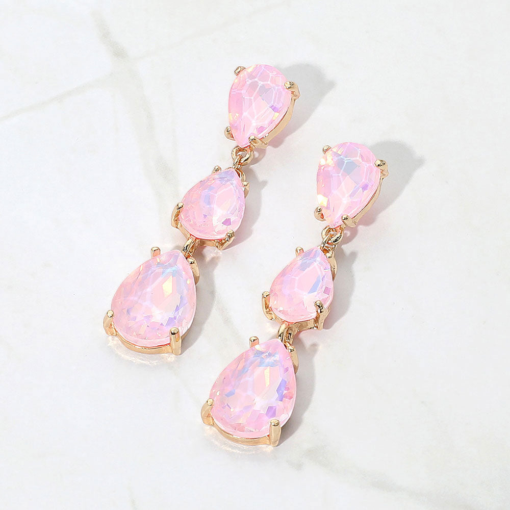 Pink Opal Triple Teardrop Dropdown Pageant Link Earrings | Pink Opal Dangle Earrings