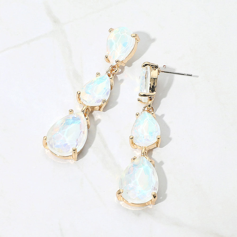 White Opal Triple Teardrop Dropdown Pageant Link Earrings | White Opal Dangle Earrings