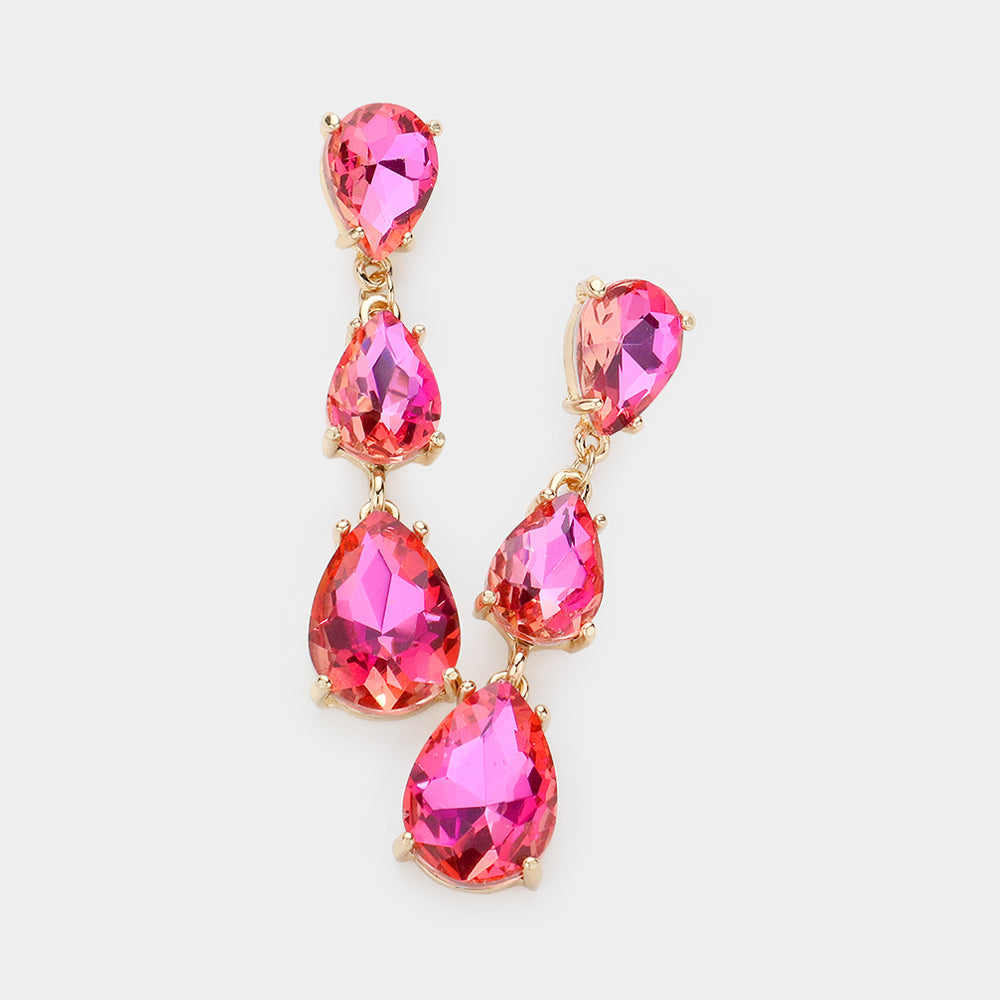 AB Pink Triple Teardrop Dropdown Pageant Link Earrings | AB Pink Dangle Earrings