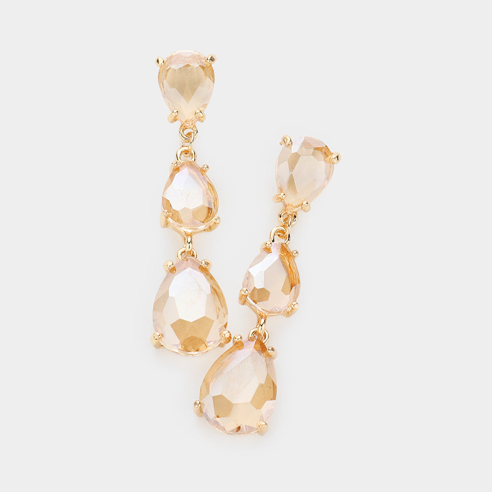 Light Topaz AB Triple Teardrop Dropdown Pageant Link Earrings | Light Topaz AB Dangle Earrings