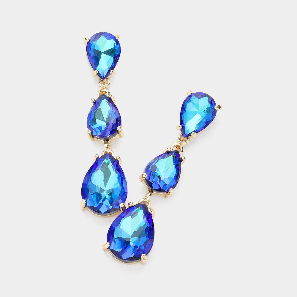 Blue AB Triple Teardrop Dropdown Pageant Link Earrings | Blue AB Dangle Earrings