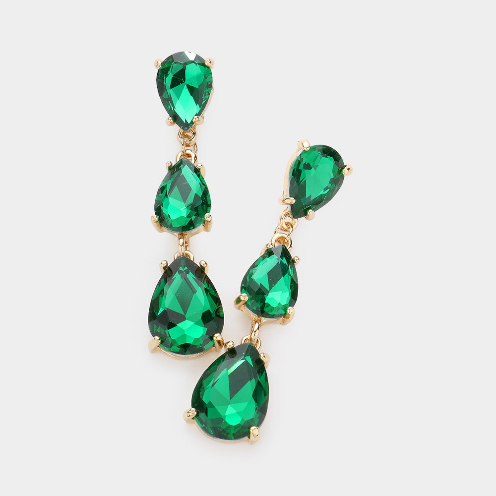 Emerald Triple Teardrop Dropdown Pageant Link Earrings | Green Dangle Earrings