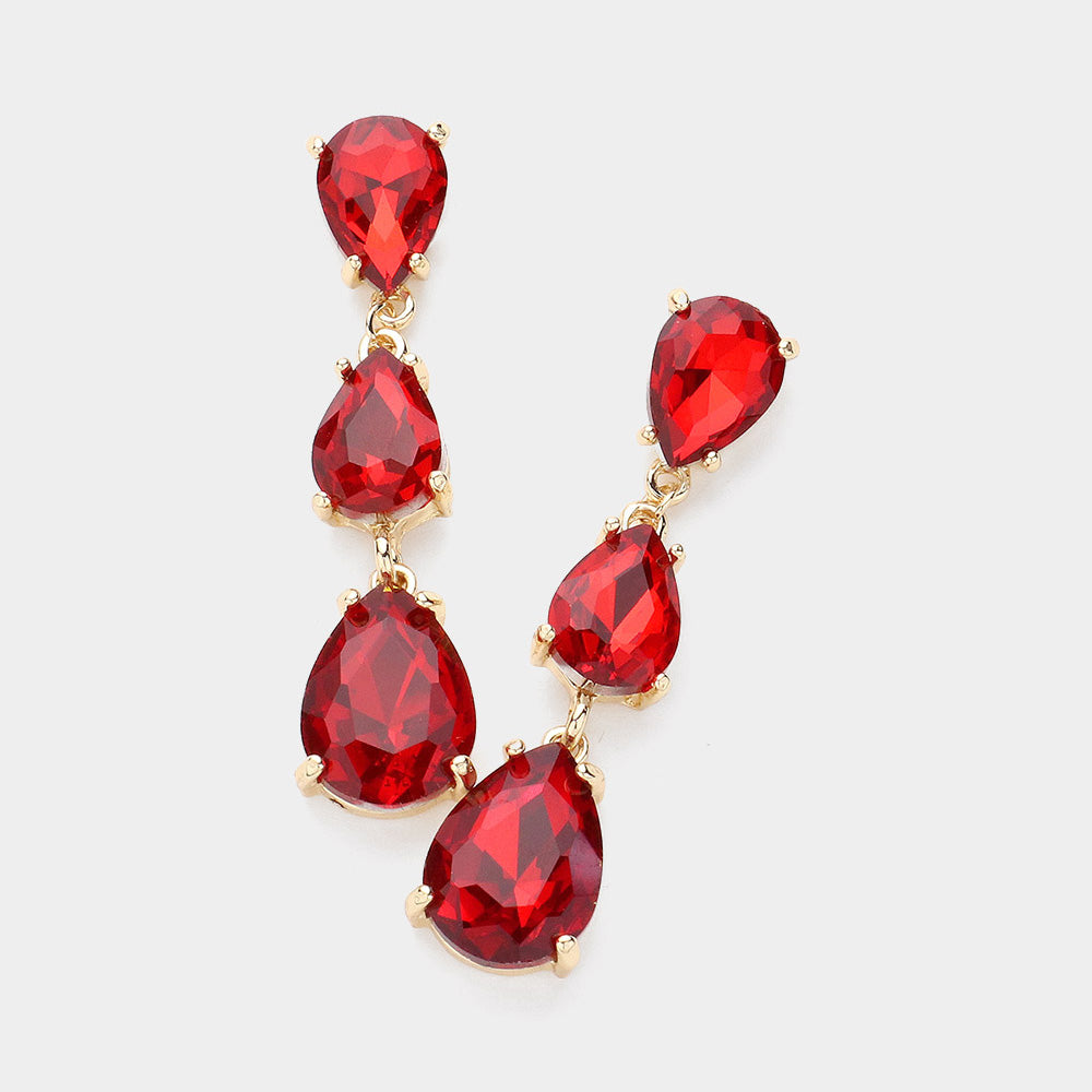 Red Triple Teardrop Dropdown Pageant Link Earrings | Red Dangle Earrings