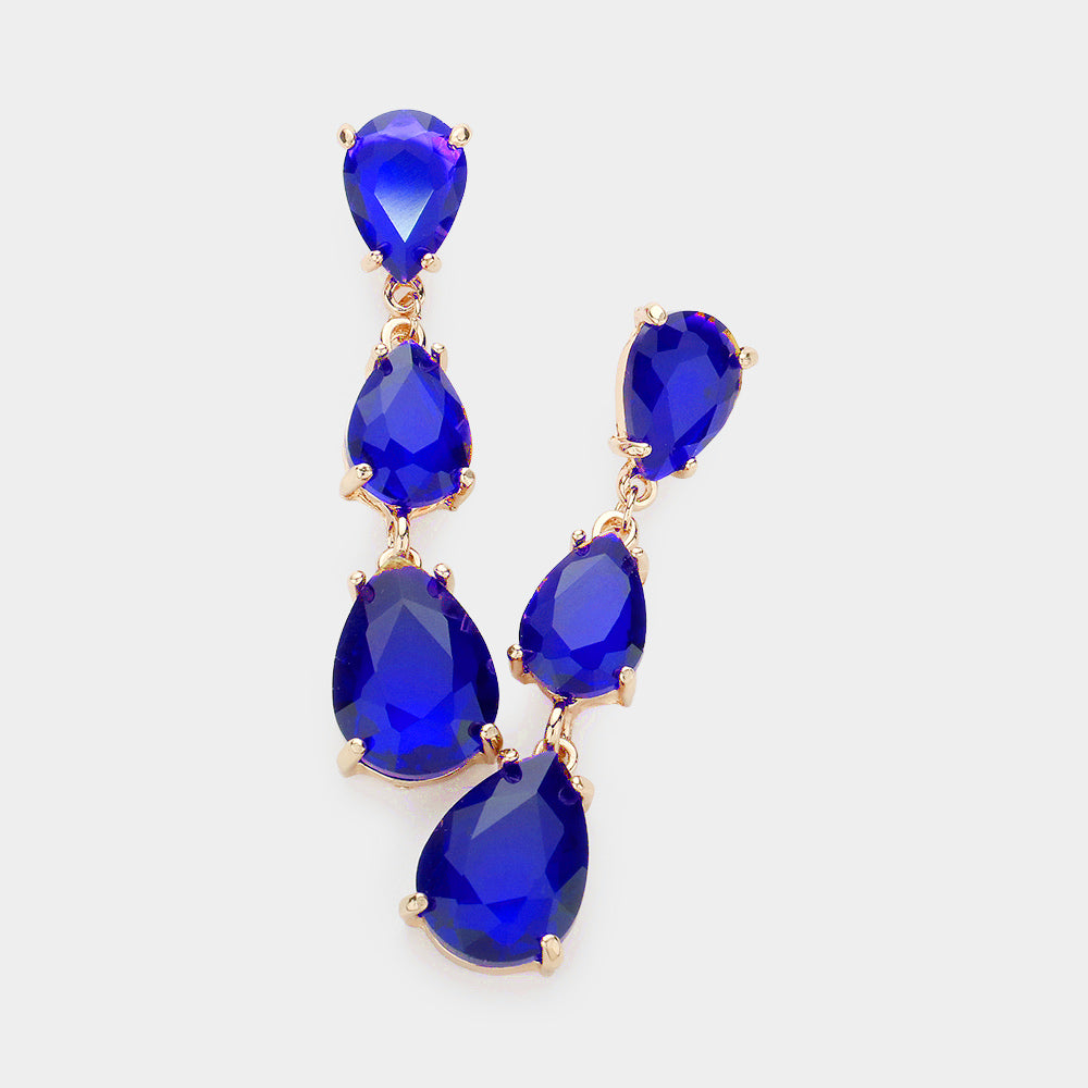 Royal Blue Triple Teardrop Dropdown Pageant Link Earrings | Royal Blue Dangle Earrings