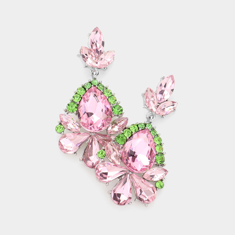 Little Girls Pink & Green Crystal Pageant Earrings