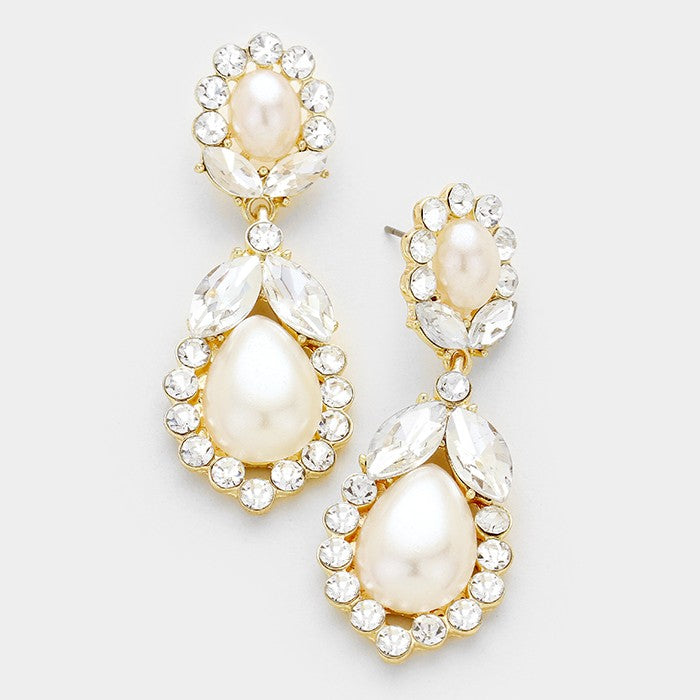 Rhinestone Embellished Cream Pearl Bridal Earrings on Gold | Wedding Earrings