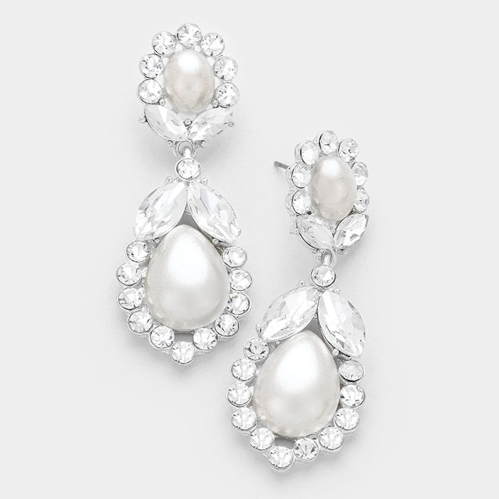 Rhinestone Embellished White Pearl Bridal Earrings  | Wedding Earrings 