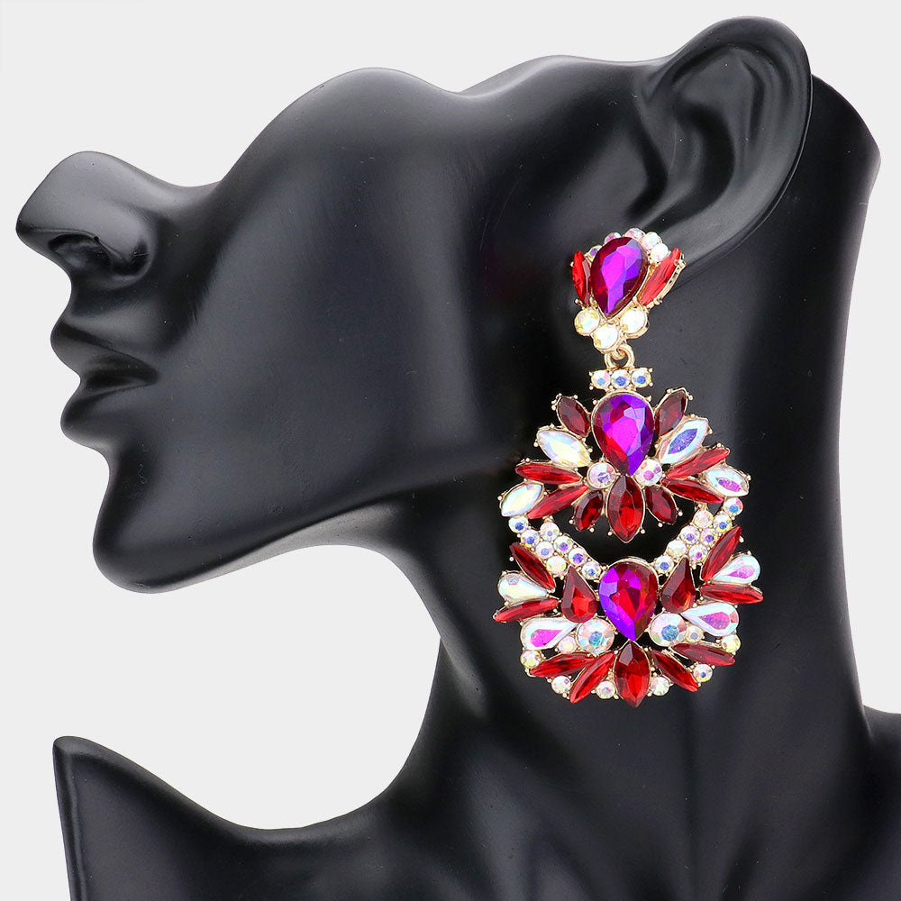 Red and AB Multi Stone Cluster Pageant Earrings | Prom Earrings | 536698