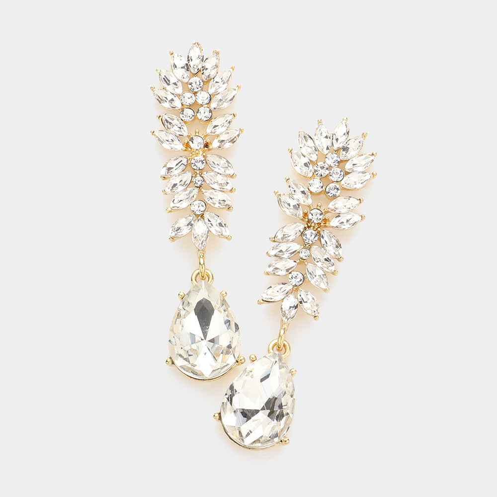Clear Crystal Stone Cluster Dangle Pageant Earrings on Gold| Prom Earrings
