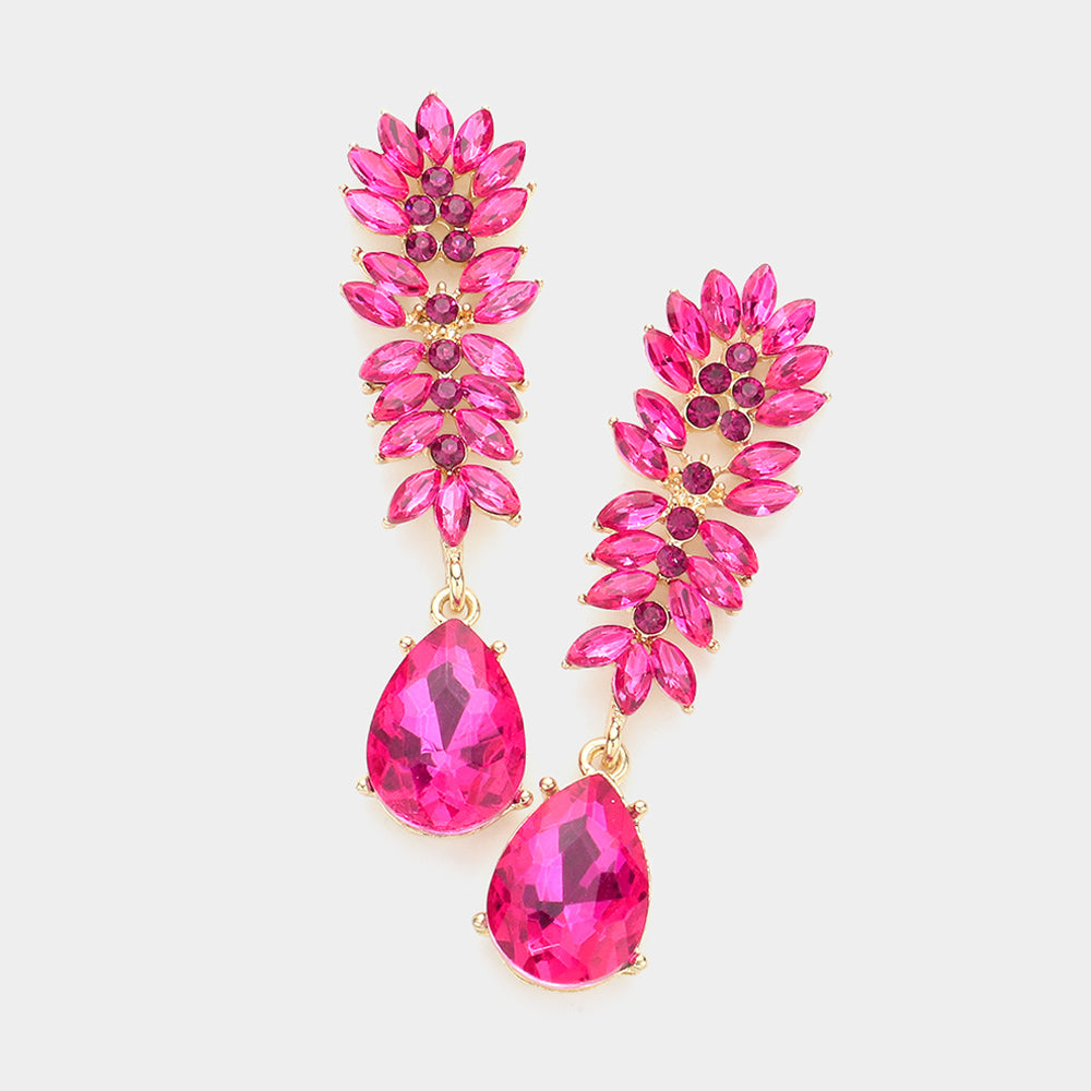 Fuchsia Crystal Stone Cluster Dangle Pageant Earrings | Prom Earrings
