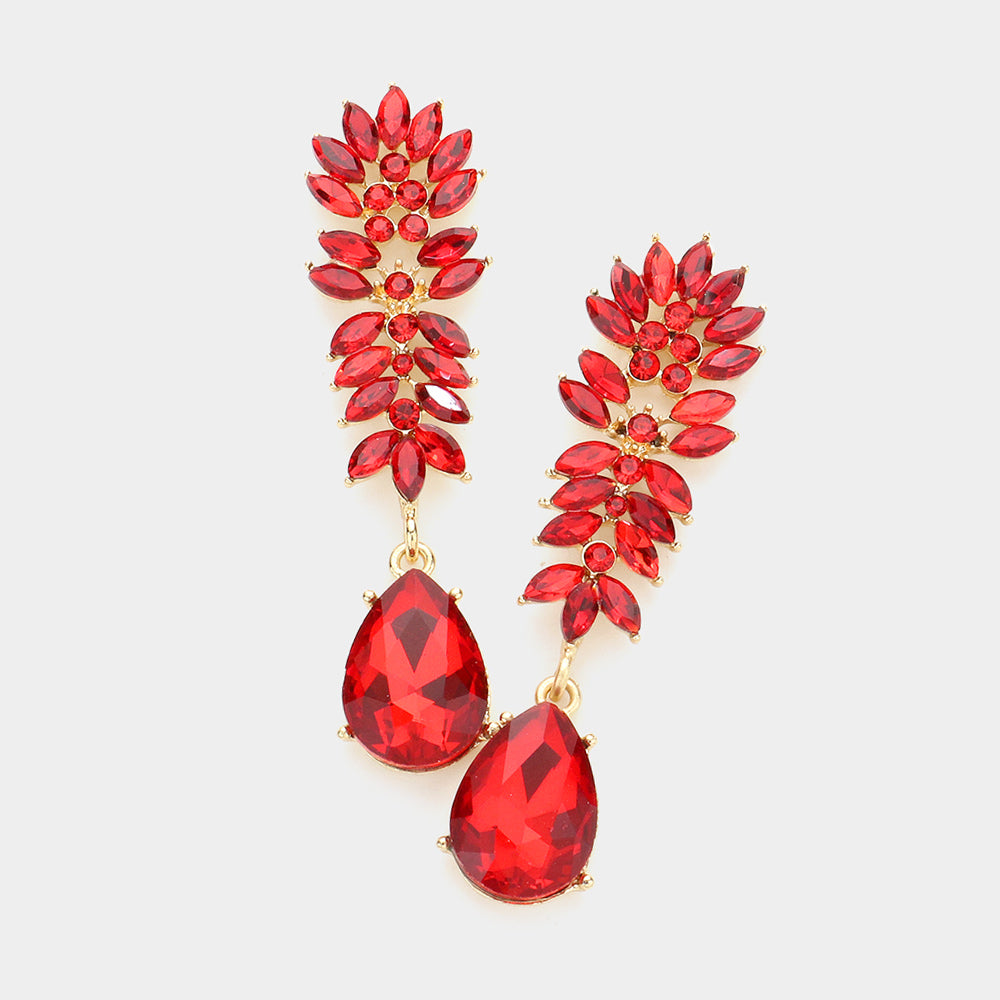 Red Crystal Stone Cluster Dangle Pageant Earrings | Prom Earrings