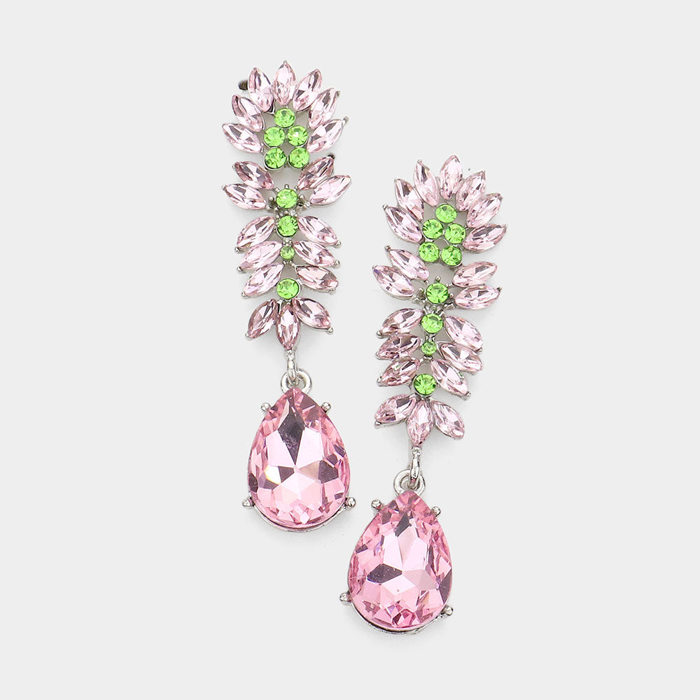 Pink & Green Crystal Stone Cluster Dangle Pageant Earrings | Prom Earrings