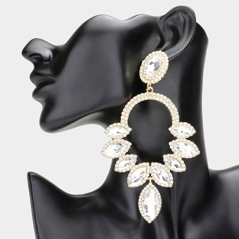 Large Clear Marquise Stone Statement Earrings on Gold | Pageant Earrings |  601424