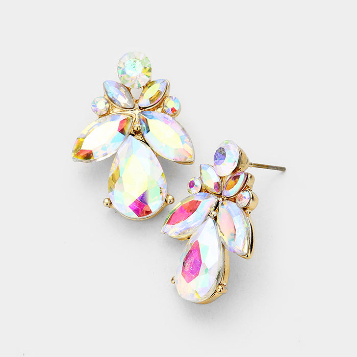 Small AB Crystal Marquise Floral Pageant Earrings on Gold | Interview Earrings