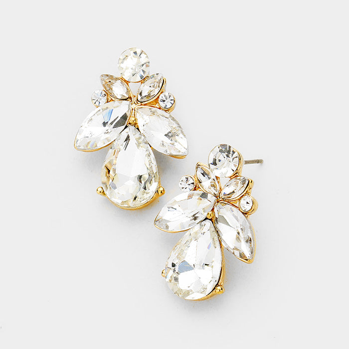 Small Clear Crystal Marquise Floral Pageant Earrings on Gold | Interview Earrings