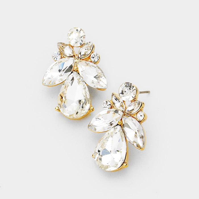 Small Clear Crystal Marquise Floral Pageant Earrings on Gold | Interview Earrings