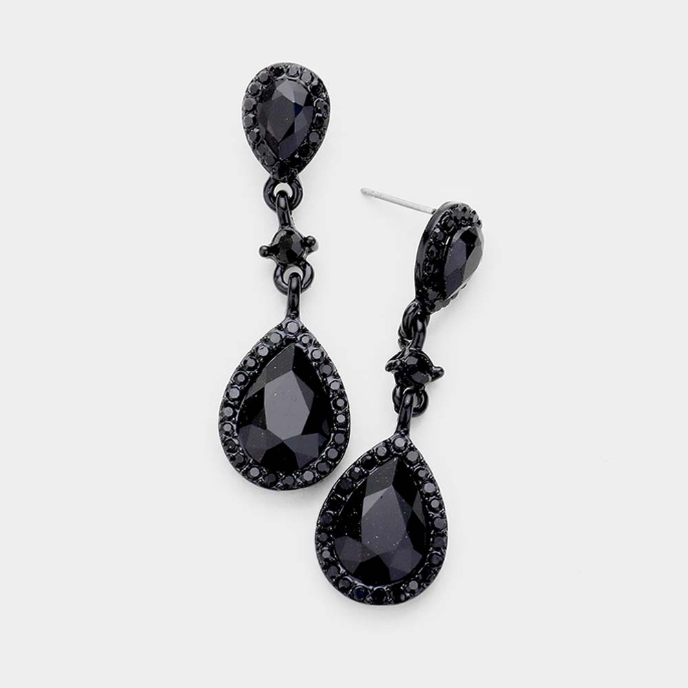 Double Jet Black Teardrop Stone Dangle Pageant Earrings | Drop Earrings