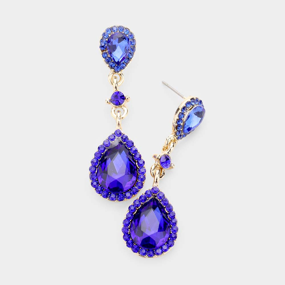 Double Sapphire Teardrop Stone Dangle Pageant Earrings | Drop Earrings