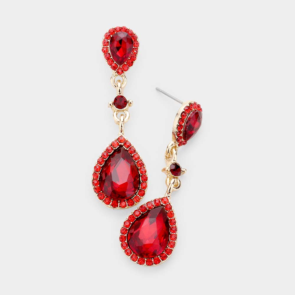 Double Red Teardrop Stone Dangle Pageant Earrings | Drop Earrings