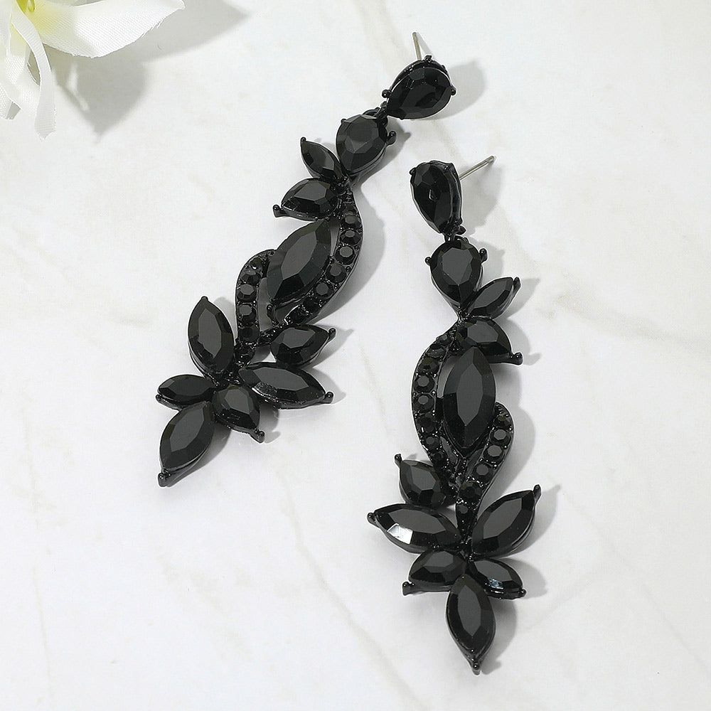 Long Black Marquise Stone and Rhinestone Embellished Pageant Earrings  | Evening Earrings