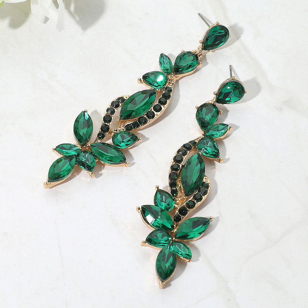 Long Emerald Multi Stone Pageant Earrings | Long Green Earrings