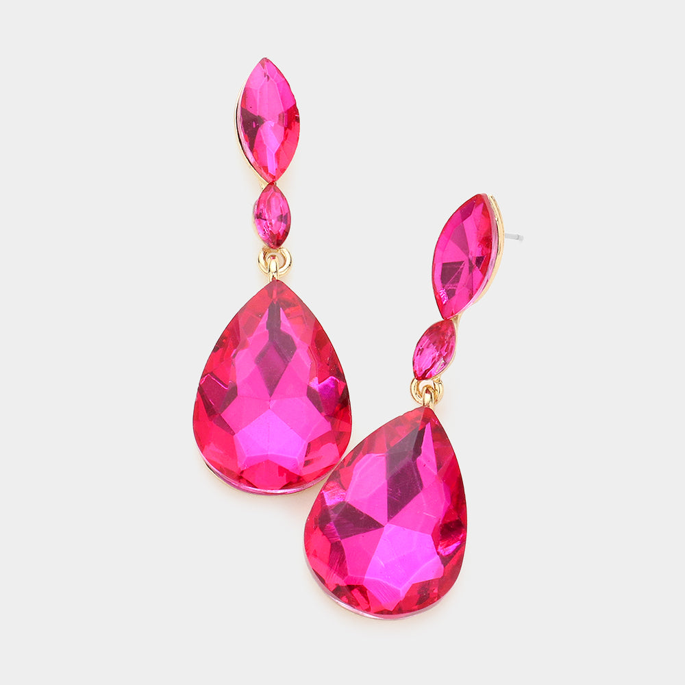 Small Double Fuchsia Crystal Teardrop Earrings