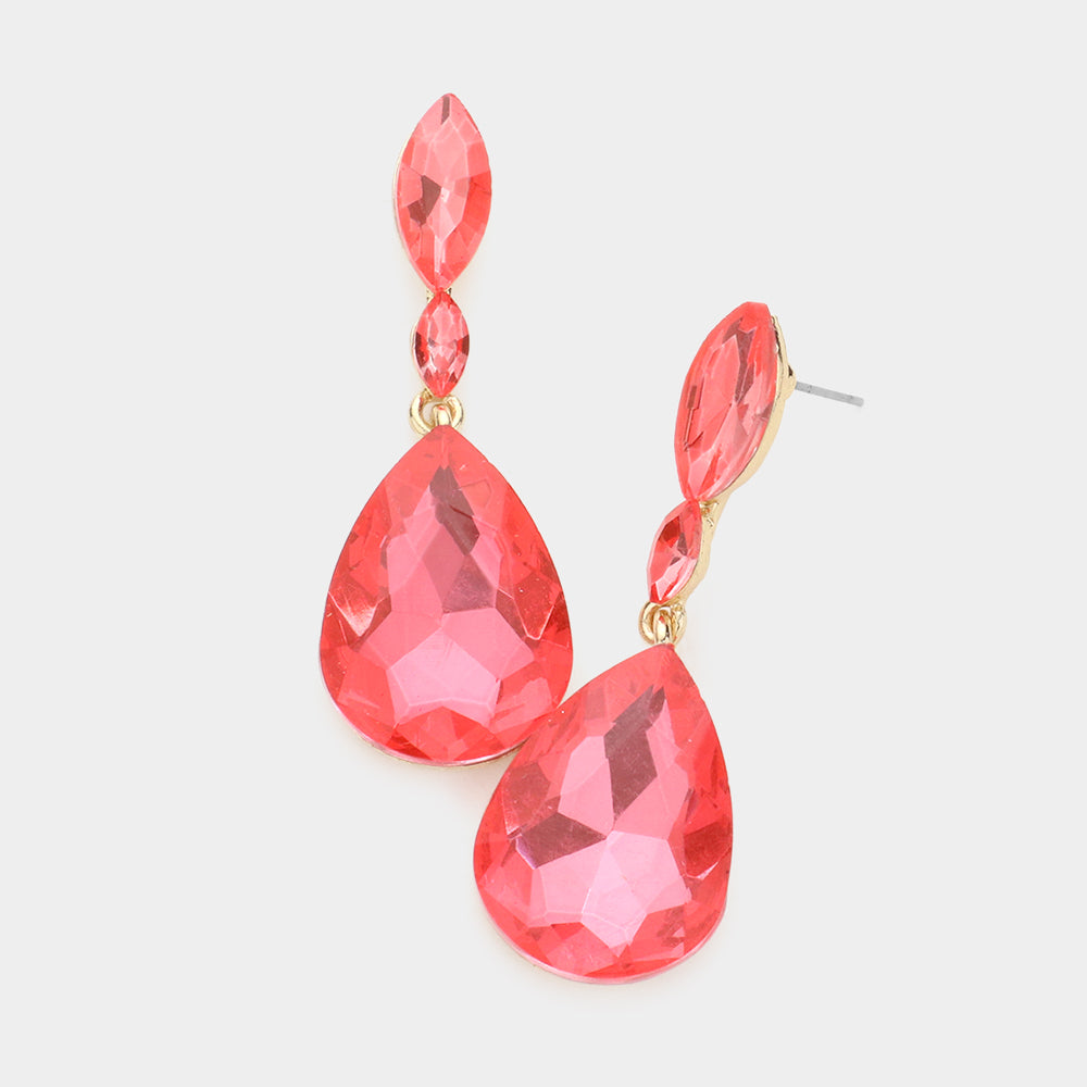 Small Double Coral Crystal Teardrop Earrings