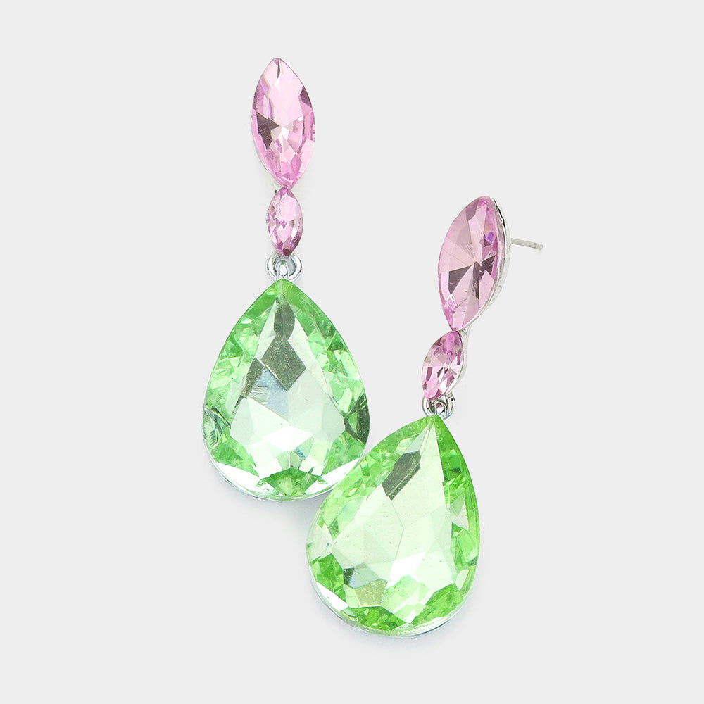 Small Double Pink/Green Crystal Teardrop Earrings