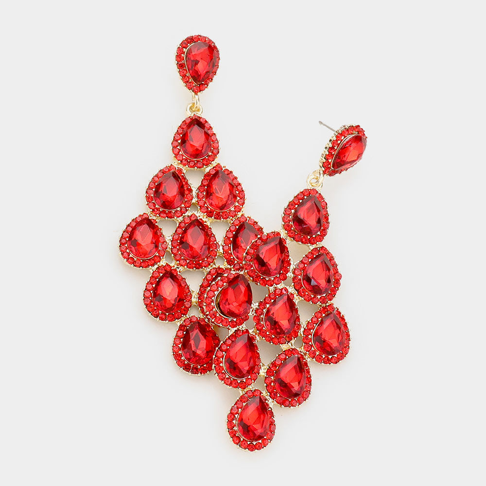 Red Rhinestone Trim and Teardrop Cluster Vine Pageant Earrings | Big Prom Earrings